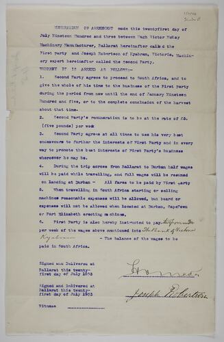 Memorandum of Agreement - H. V. McKay & Joseph Robertson, 21 Jul 1903