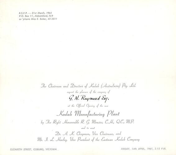 Invitation -  Kodak Australasia Pty Ltd, Invitation addressed to G. N. Raymond Esq for the Official Opening of Kodak Factory in Coburg, 1961