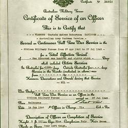 Certificate - Service of an Officer, Issued to Captain Andrew Robertson Davidson, Australian Military Forces, 14 Jan 1946