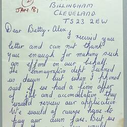 Letter - To Betty & Alex Barlow from Fred & Hazel Lawson, Billingham, UK, Jan 1981