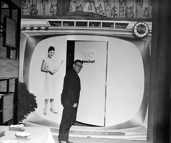 Admiral Electronics, Man Walking into Giant Television, Chevron Hotel, Melbourne, 08 Jun 1959