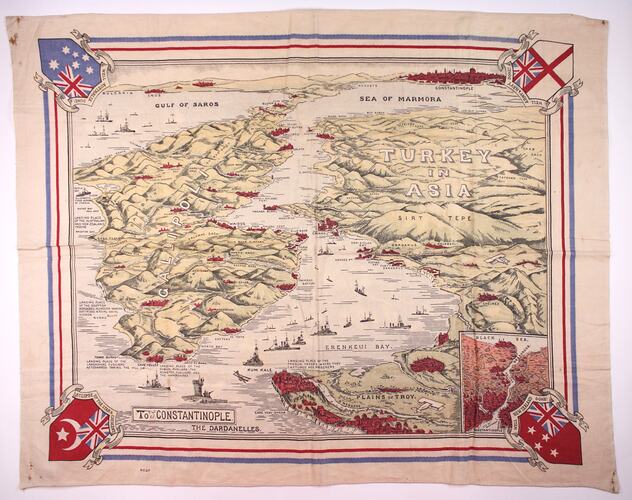 Map showing two large land masses with body of water between. Flags in all four corners of page.