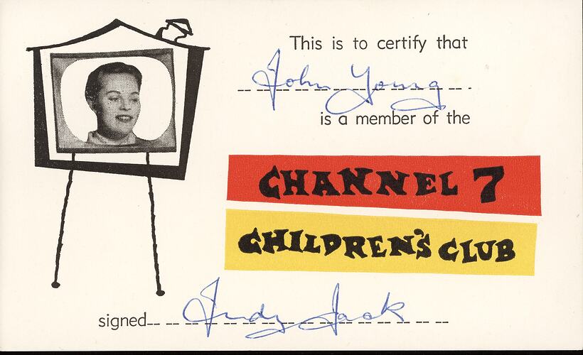 Membership Card - HSV Channel 7, Children's Club, John Young, 1957