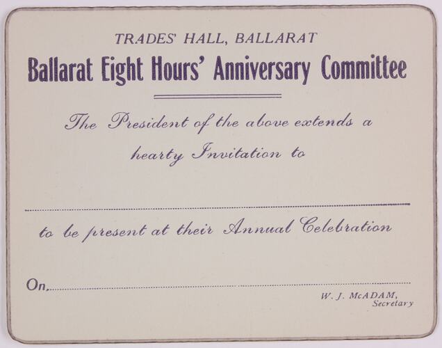 Invitation - Ballarat Eight Hour Day Anniversary Committee, circa 1940