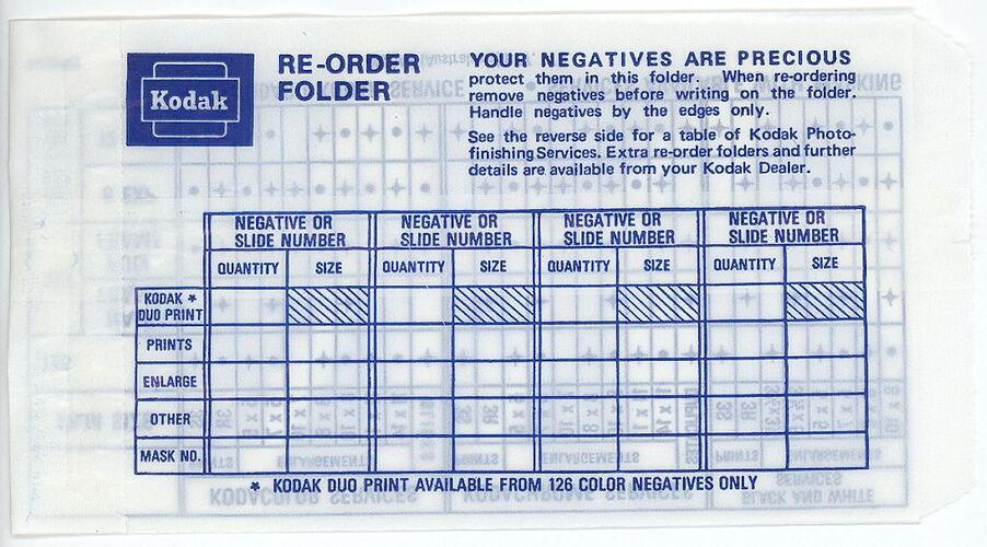 Envelope - Kodak Australasia Pty Ltd, Re-Order Envelope, 1960 - 1980