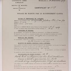 Certificate - Radium Certificate of Purity, Union Miniere du Haut Katanga, Brussels, 1927