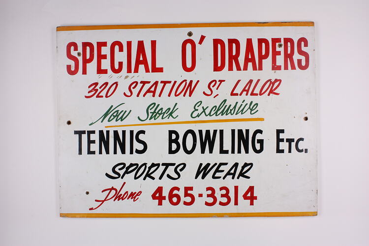 Sign - Special O Drapiers, Lalor, John & Barbara Woods, Jul 1966