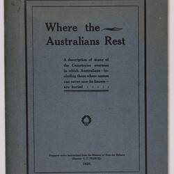 Green faded booklet with black printed text, title reads 'Where the Australians Rest'.