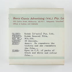 Box - Motion Film, Kodak Australasia Pty Ltd, Television Commercial, Kodak General Film, 1962
