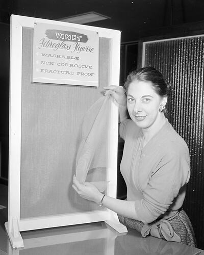 Mulford & Co, Woman with Flywire Sample, South Yarra, Victoria, 23 Sep 1959