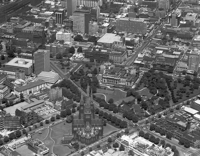 Monochrome aerial photograph of Melbourne.