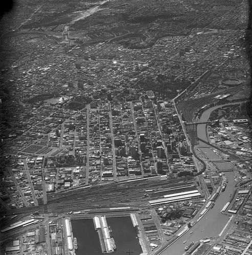 Monochrome aerial photograph of Melbourne.
