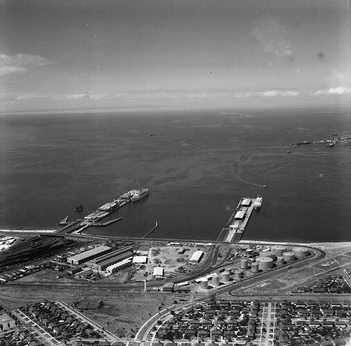 Monochrome aerial photograph of Port Melbourne.