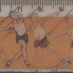 Plastic ruler with "holographic" drawing of javelin thrower.