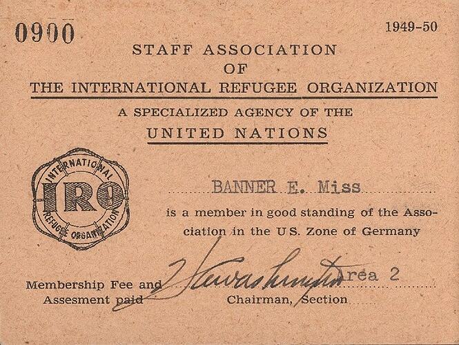 Membership Card - Esma Banner, International Refugee Organization (IRO), Germany, 1949-50