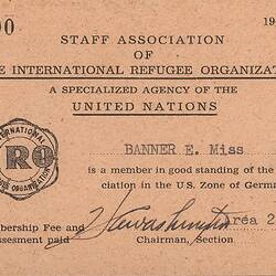 Membership Card - Esma Banner, International Refugee Organization (IRO), Germany, 1949-50
