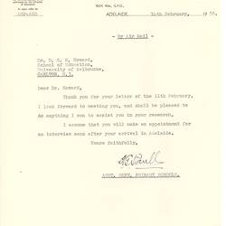 Letter - A. G. Paull, to Dorothy Howard, Acknowledgement of Receipt of Dr Howard's Letter & Further Offer of Assistance, 14 Feb 1955