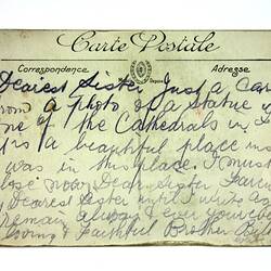 Back of postcard with extensive handwriting.