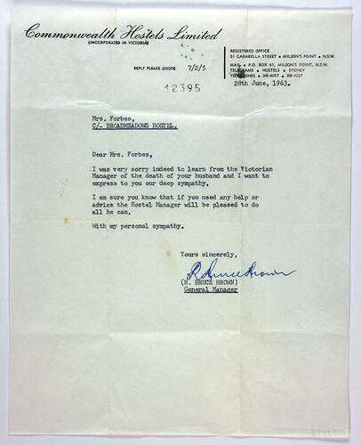 Letter of Condolence - To Sylvia Forbes from General Manager, Commonwealth Hostels Ltd, New South Wales, 28 Jun 1963