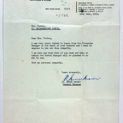 Letter of Condolence - To Sylvia Forbes from General Manager, Commonwealth Hostels Ltd, New South Wales, 28 Jun 1963