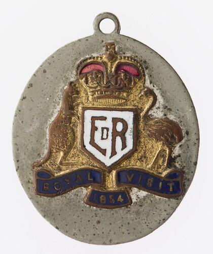 Oval fob with Australian coat of arms, kangaroo and emu in red, gold, white and blue.
