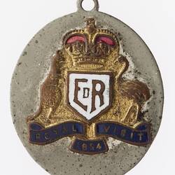 Oval fob with Australian coat of arms, kangaroo and emu in red, gold, white and blue.