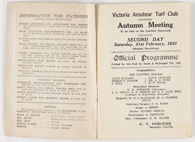 Racing Programme - VRC, Autumn Meeting, Flemington, 21 Feb 1931
