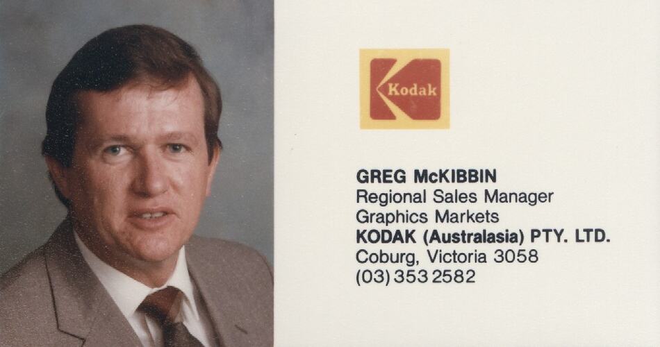 Business Card - Greg McKibbin, Regional Sales Manager, Graphics Markets, Kodak Australasia Pty Ltd, 1987