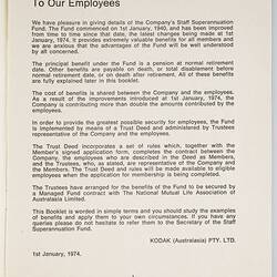 Booklet - Kodak (Australasia) Pty Ltd, An Outline of The Staff Superannuation Plan, 1 January 1974. Page 1