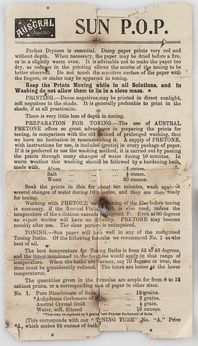 Instruction Sheet - Baker & Rouse Pty Ltd, Sun P.O.P Printing Out Paper, Abbotsford, 1897-1908