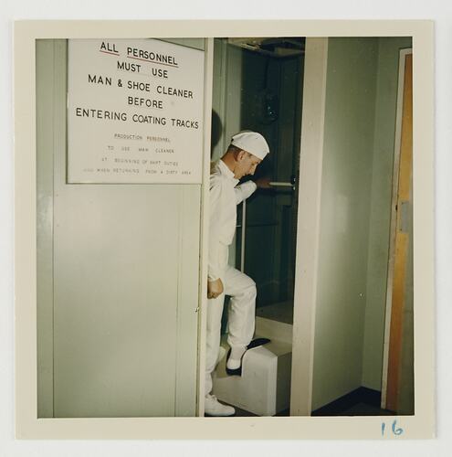 Slide 150, Worker in 'Man & Shoe Cleaner', Kodak Factory, Coburg, 'Extra Prints of Coburg Lecture' album, circa 1960s
