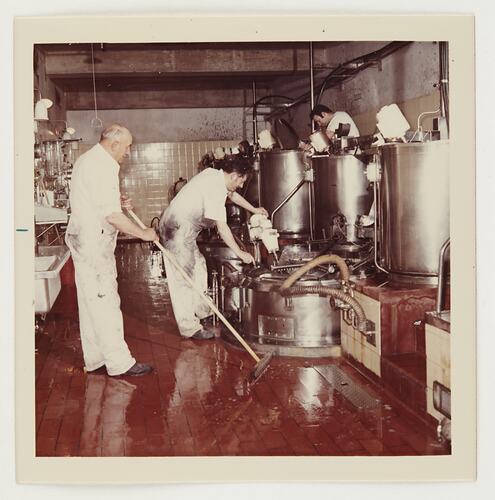 Slide 507, 'Extra Prints of Coburg Lecture', Workers Cleaning Emulsion Kettles, Kodak Factory, Coburg, circa 1960s