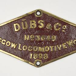 Locomotive Builders Plate - Dubs & Co., Glasgow, Scotland, 1898