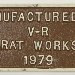 Builders Plate - Victorian Railways, Ballarat Workshops, 1979