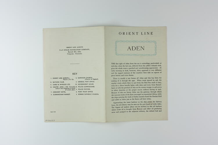 Booklet - 'Aden',  Orient Line, 1955