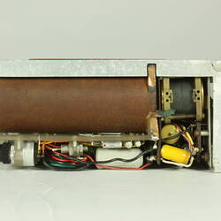 End view of open metal box. Case removed to show internal wires and components.