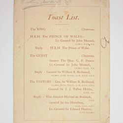 Printed menu showing toast list.