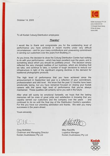 Memo - Kodak Australasia Pty Ltd to Distribution Employees, 'Thanks!', Coburg, 14 Oct 2005