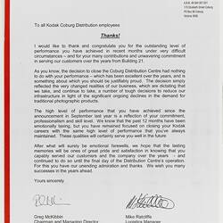 Memo - Kodak Australasia Pty Ltd to Distribution Employees, 'Thanks!', Coburg, 14 Oct 2005