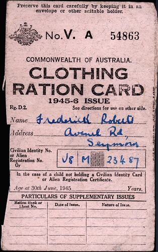 Ration Card - Clothing, Commonwealth of Australia, 1945-1946