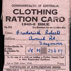 Ration Card - Frederick Roberts, Clothing, Commonwealth of Australia, 1945-1946