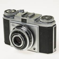 Chrome metal and black leather viewfinder camera.