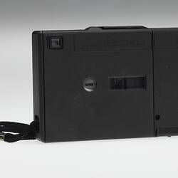 Back of black plastic camera.