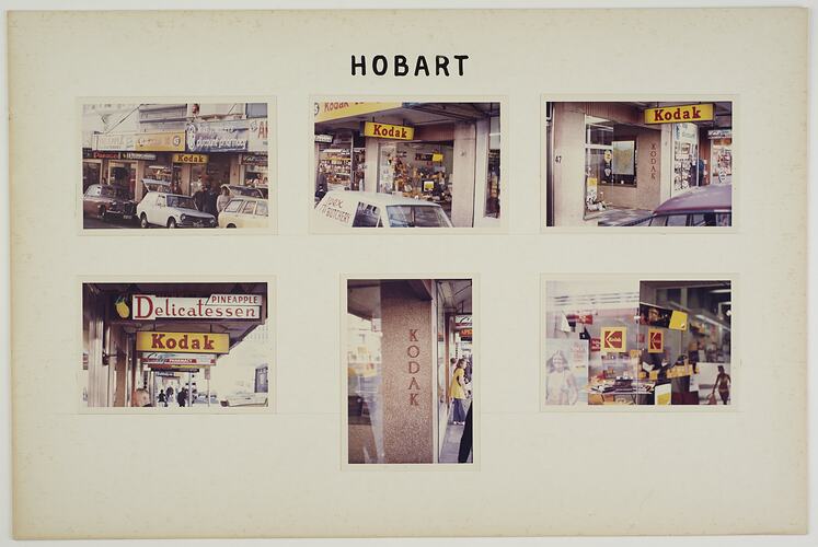 White cardboard poster with six photographs of shop exteriors and signage.