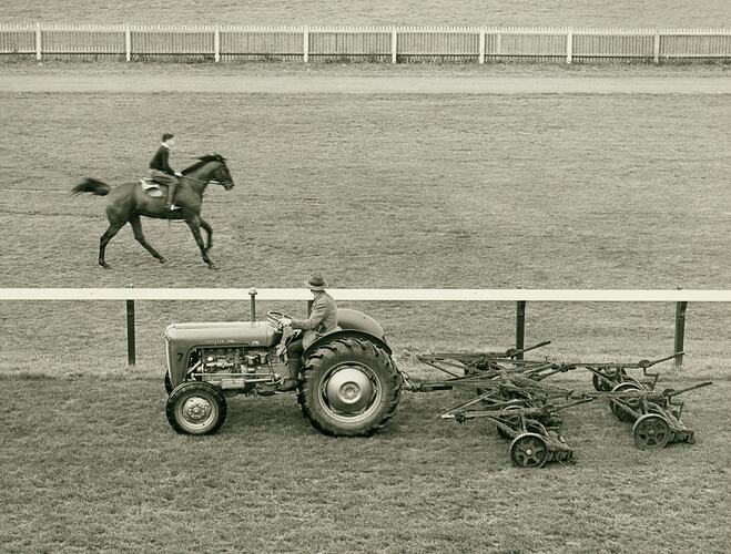 Man driving a tractor towing a gang mower, on a racecourse. Jockey riding a racehorse in background.
