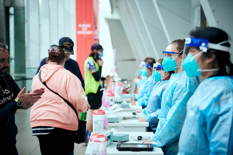 Patients at Entrance, St Vincent's Vaccination Hub, Melbourne Museum, 23 Sep 2021