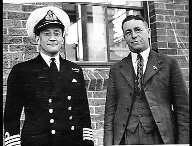 CAPT. R.C.M. DUCKWORTH O.B.E. OF THE ROYAL NAVY WAS THE GUEST SPEAKER AT THE THIRD VICTORY LOAN RALLY HELD IN MARCH. THE CAPTAIN IS SHOWN HERE WITH JACK THORPE, SECRETARY OF THE WAR LOANS COMMITTEE.  JACK THORPE HAS REJOINED THE STAFF AFTER 4 & HALF YEARS