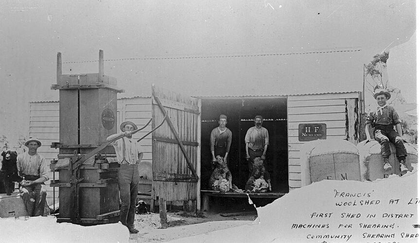 FRANCIS WOOLSHED. FIRST SHED IN DISTRICT TO INSTALL MACHINES FOR SHEARING.