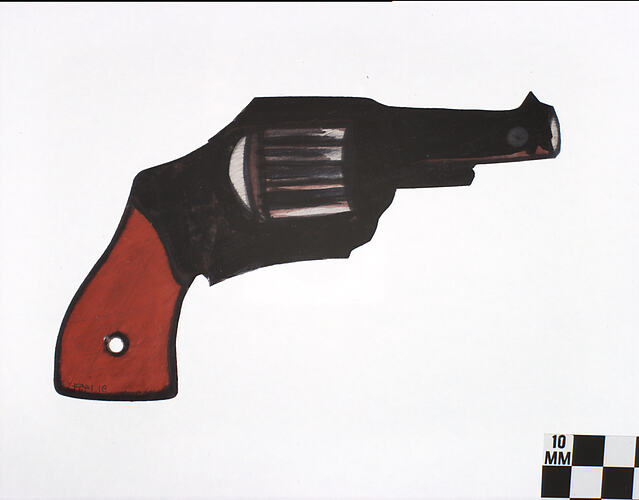 Two-dimensional acrylic drawing of gun.