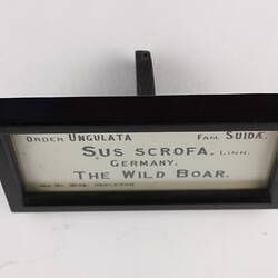 White rectangular label with black text and black frame and support stand.